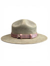A wide-brimmed felt hat in a muted taupe-gray color, featuring a dusty rose pink leather band with a gold-tone metal snap closure, set against a plain white background.