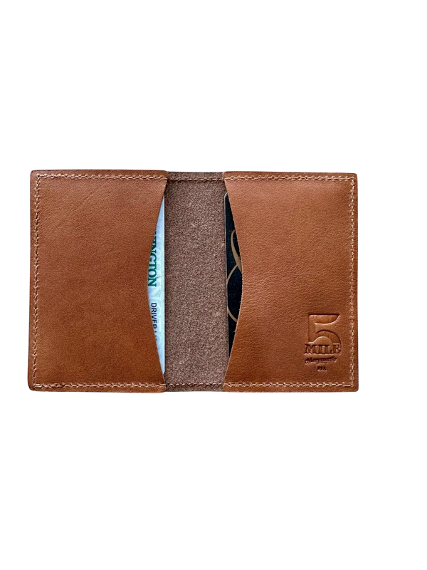 Brown leather wallet with a card slot on a white background
