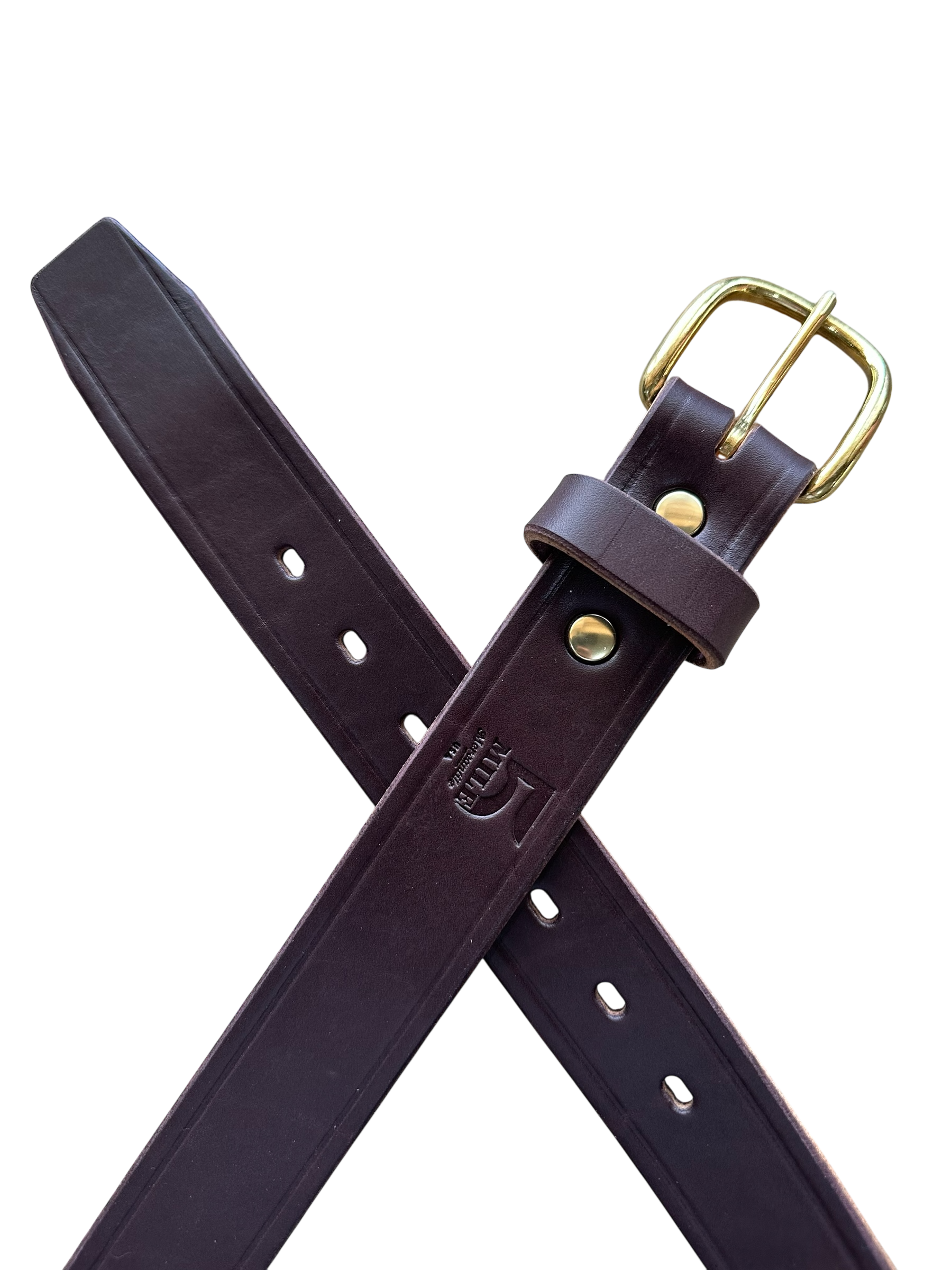 Brown leather belt with brass buckle on a white background