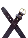 Brown leather belt with brass buckle on a white background