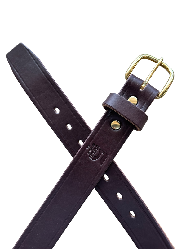 Brown leather belt with brass buckle on a white background