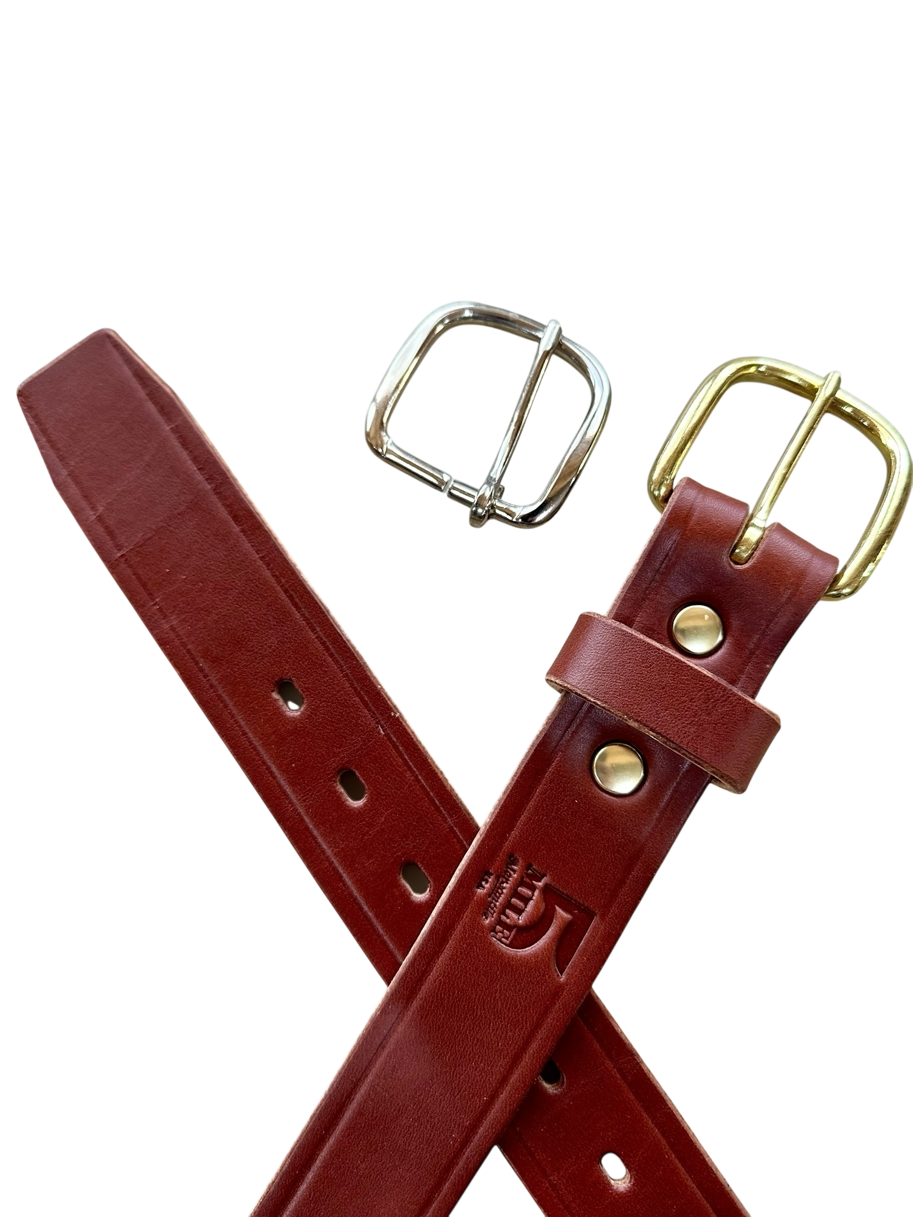 Brown belt with brass and silver buckle