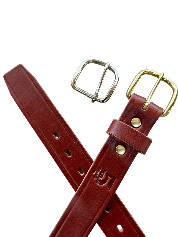 Brown belt with brass and silver buckle