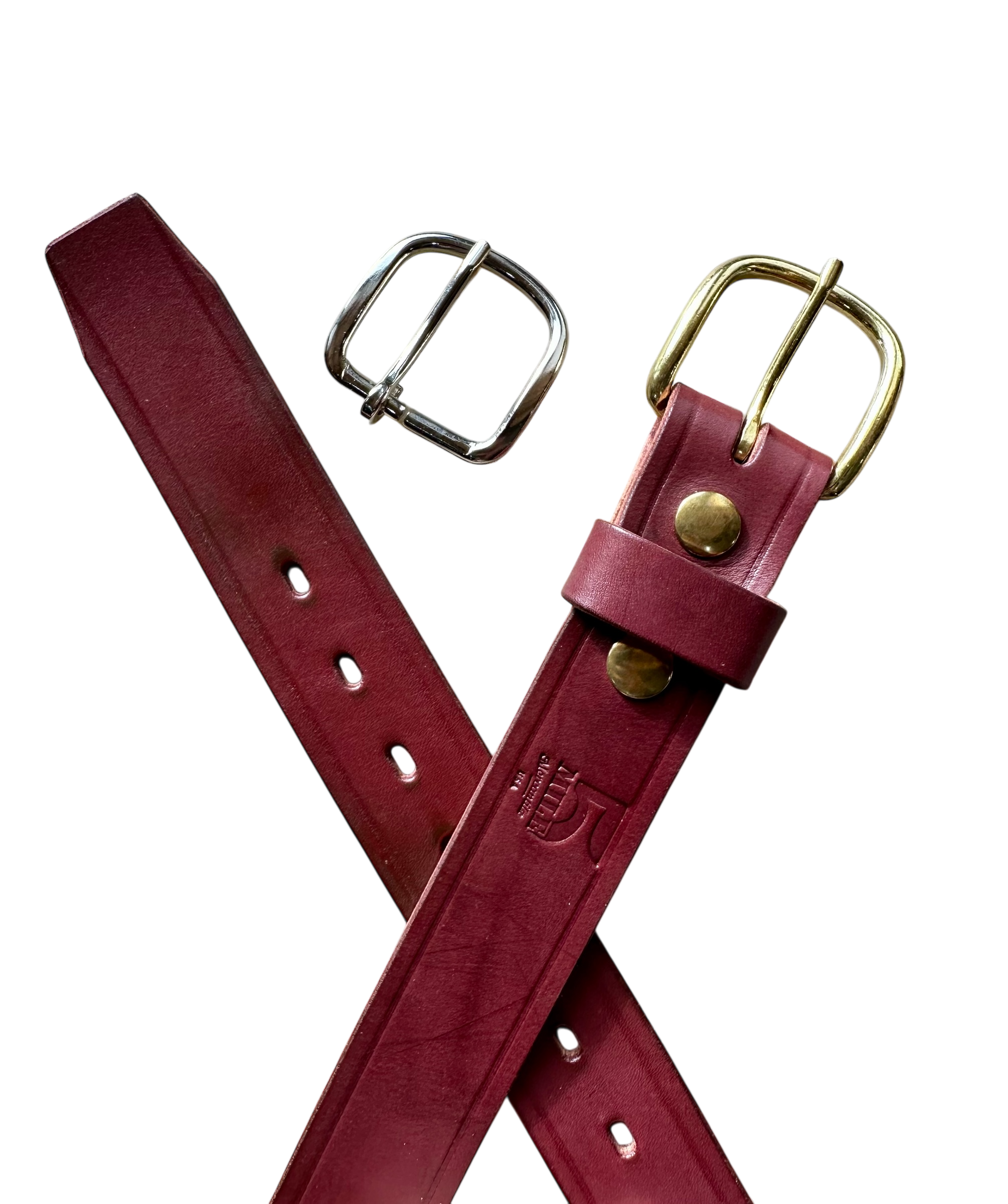Two maroon leather belts with metal buckles on a white background