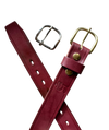 Two maroon leather belts with metal buckles on a white background
