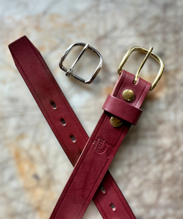 Two red leather straps with metal buckles on a textured surface