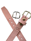 Pink leather belt with gold and silver buckles on a white background