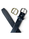 A black leather belt shown on a clean white background, accompanied by a gold-toned brass buckle and a silver-toned metal buckle.
