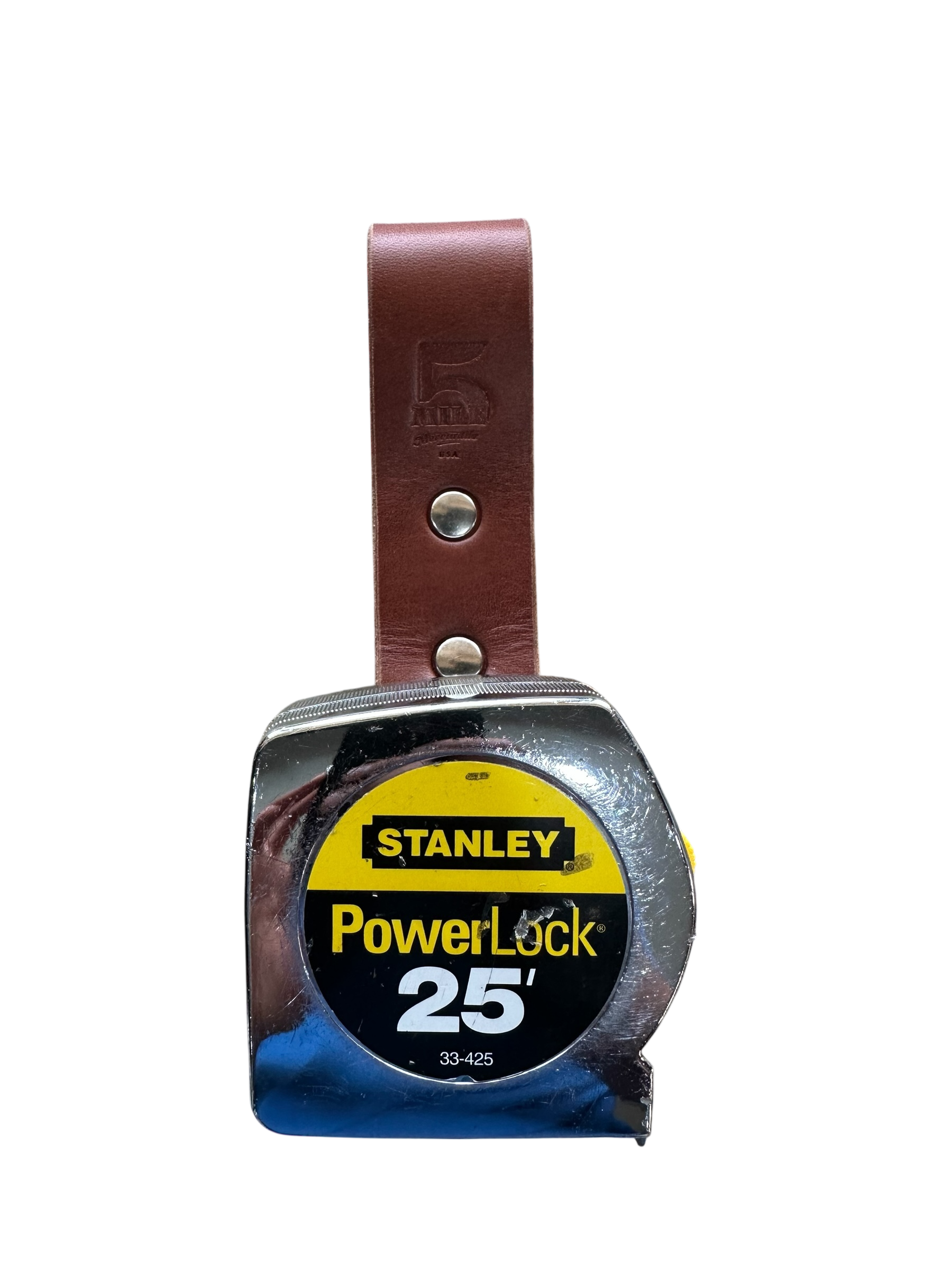 Stanley PowerLock tape measure with brown leather case on a white background