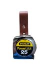 Stanley PowerLock tape measure with brown leather case on a white background