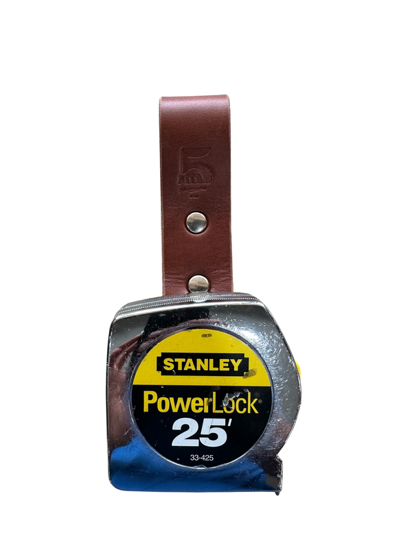Stanley PowerLock tape measure with brown leather case on a white background