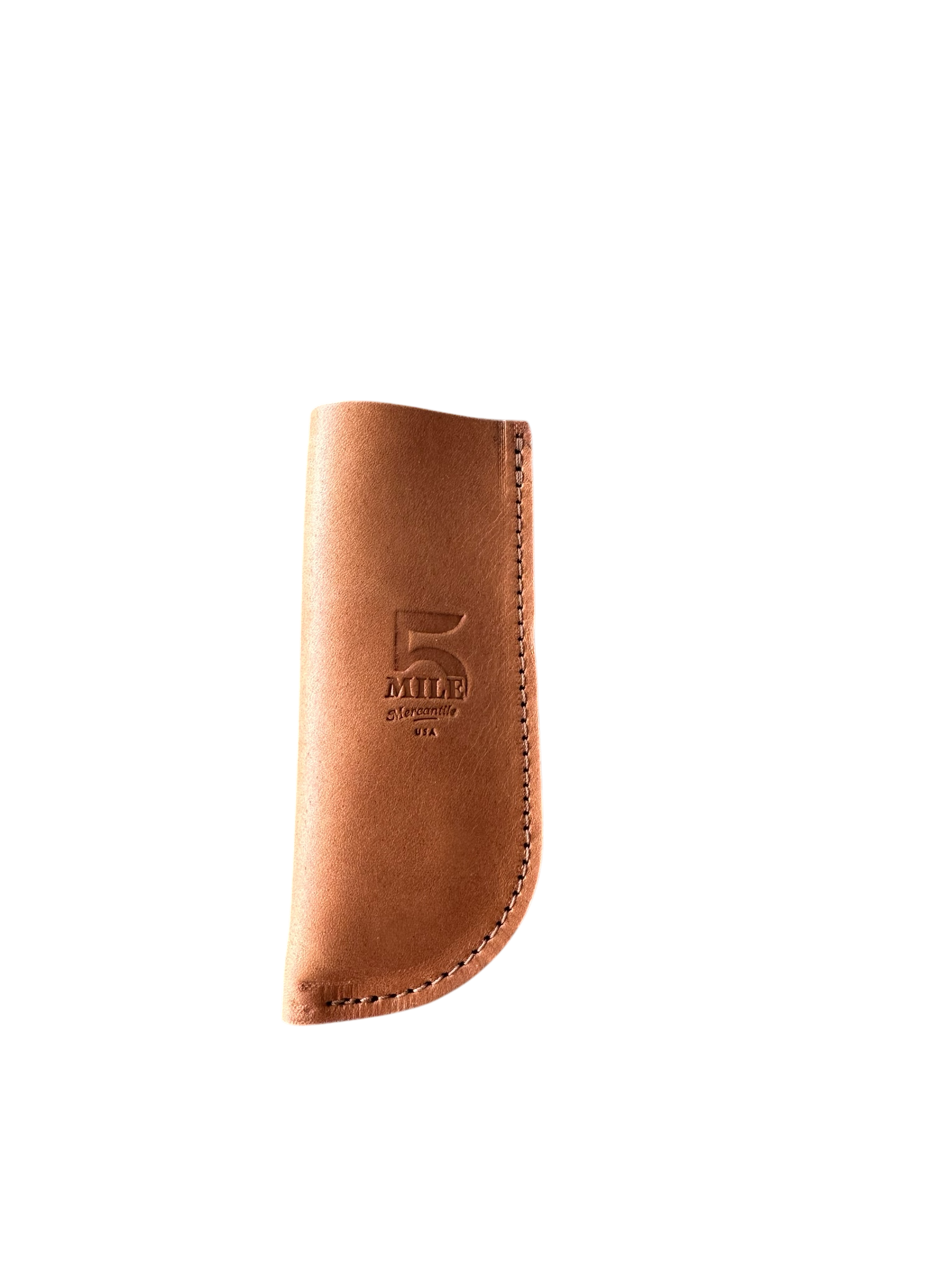 Brown leather skillet sleeve case with '5 Mile' branding on a white background