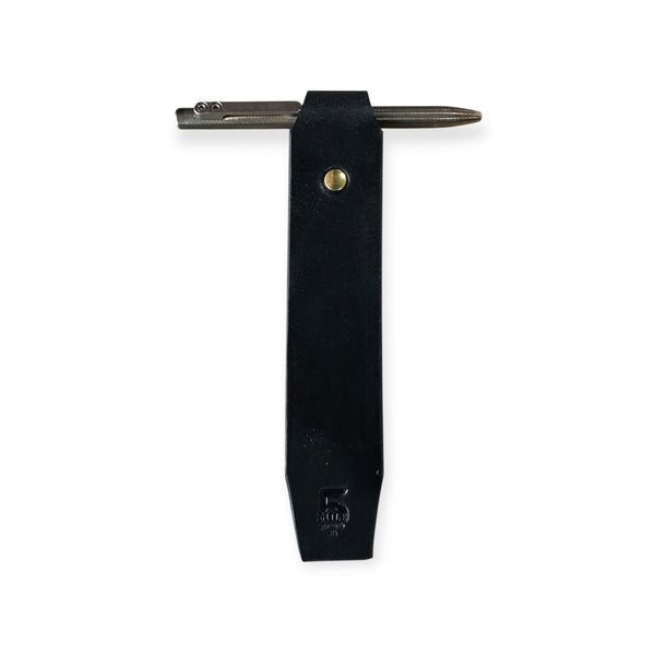 Black leather strap with a gold buckle on a white background