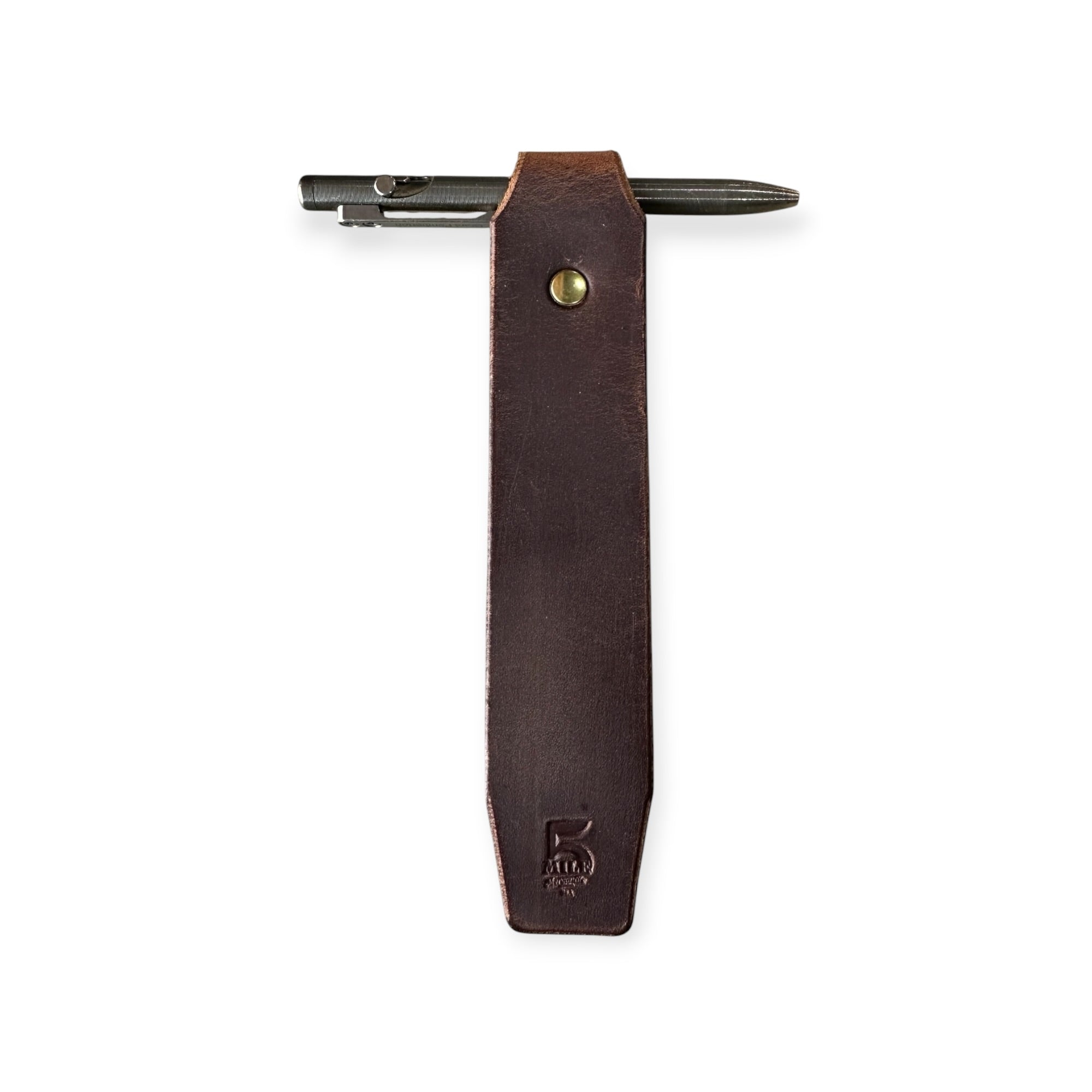 Brown leather strap with metal clip on a white background