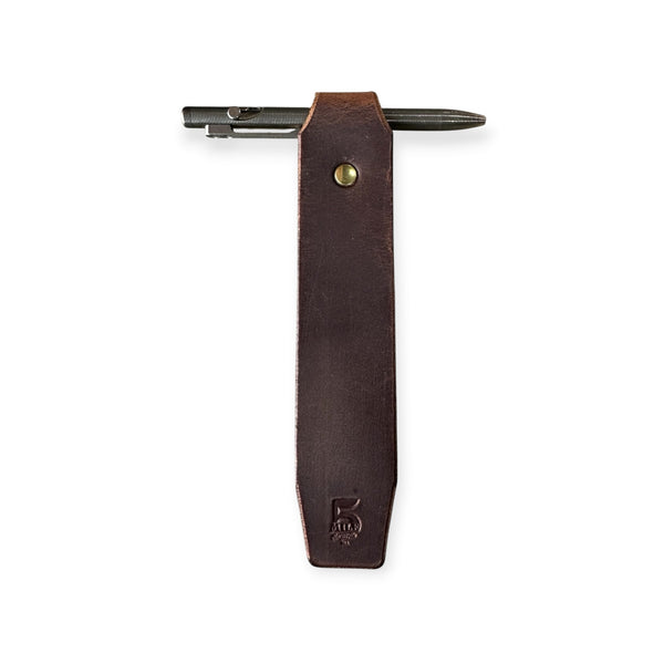 Brown leather strap with metal clip on a white background