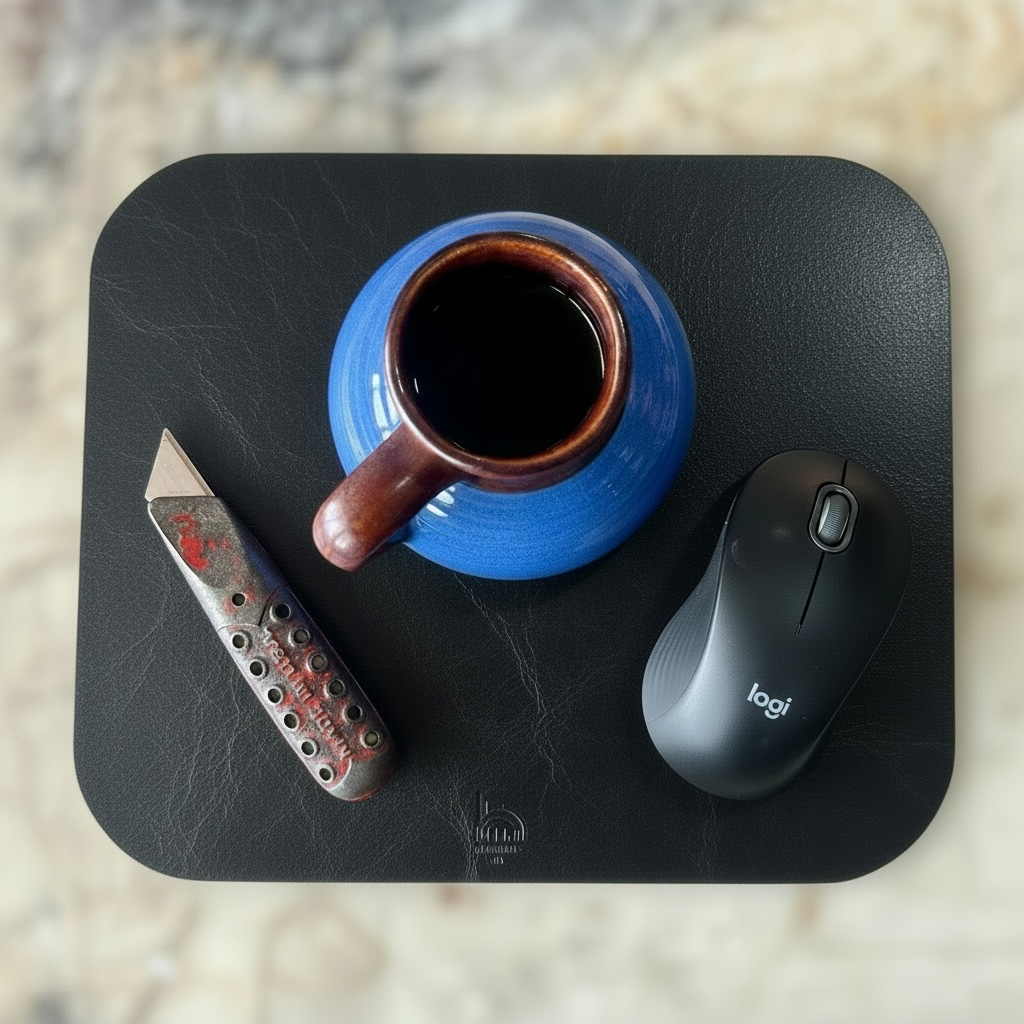Blue mug with brown interior, knife, and Logitech mouse on a black mouse pad.