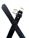 Black leather belt with gold buckles on a white background