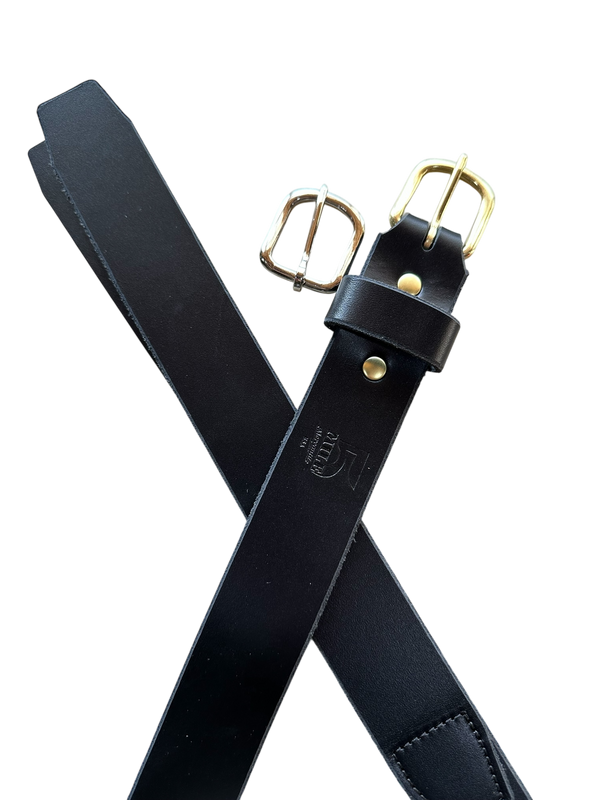 Black leather belt with gold buckles on a white background