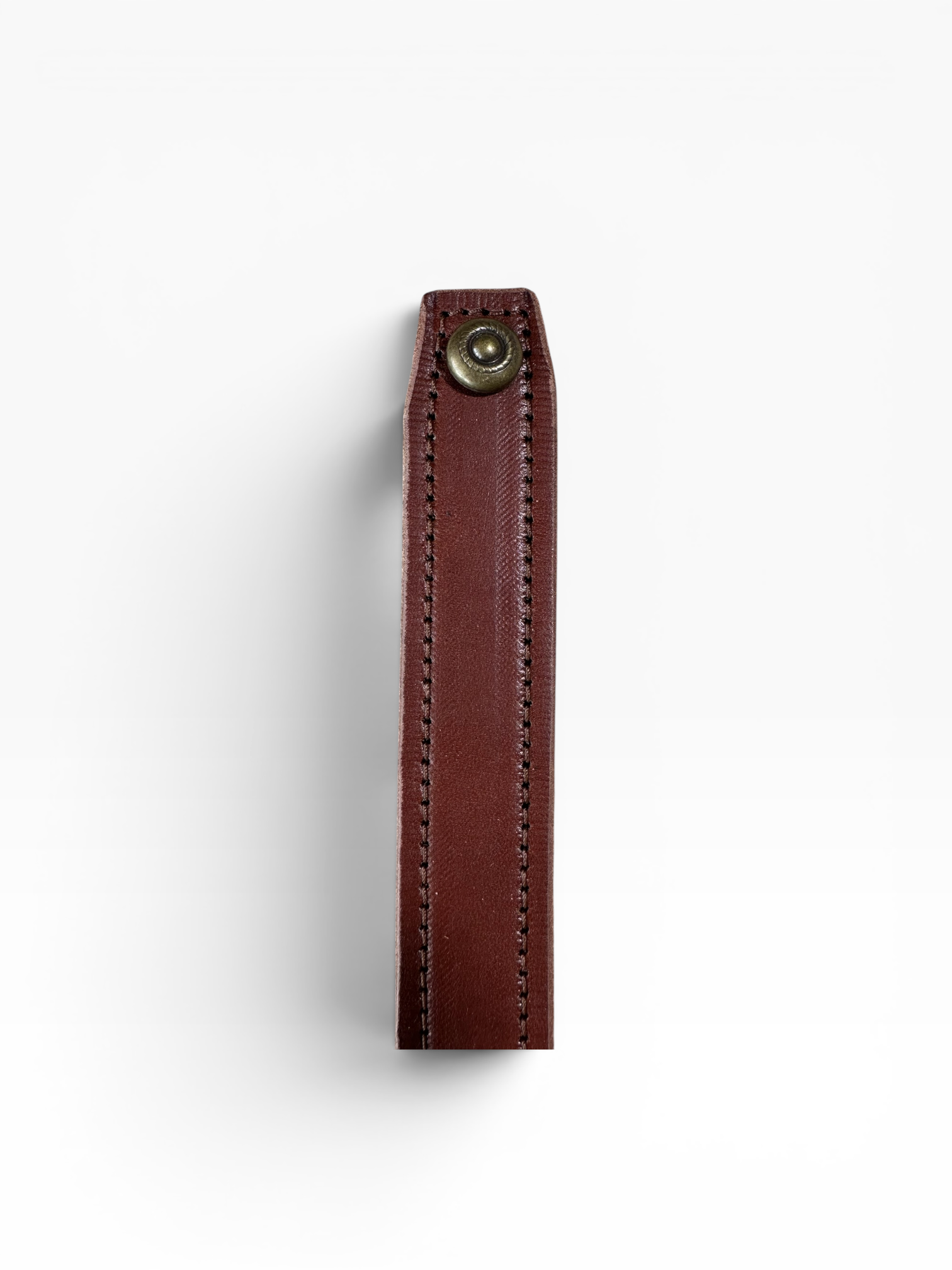 A close-up of a dark brown leather strap or loop with visible stitching and a brass snap button, shown against a plain white background.