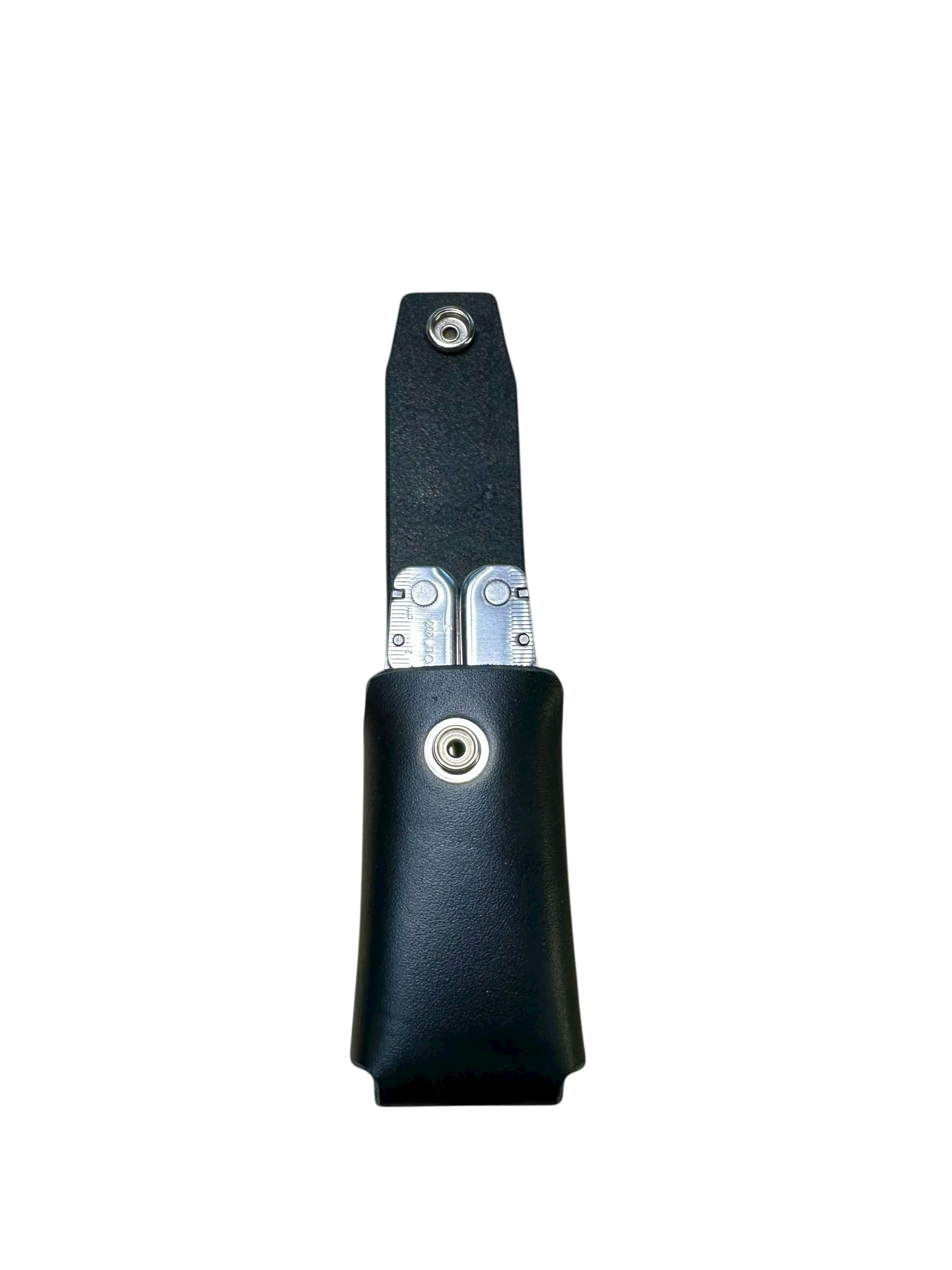 Black leather knife sheath with silver grommets on a white background