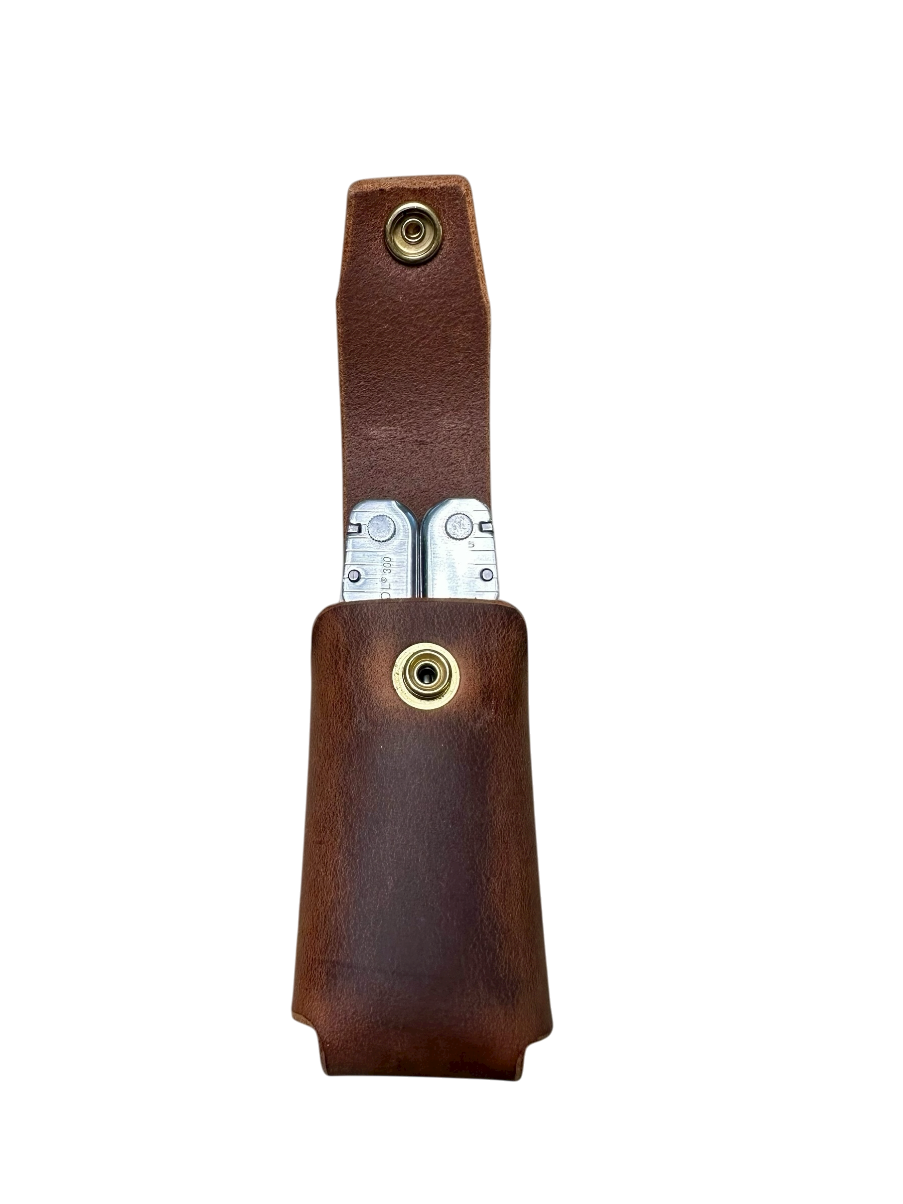 Brown leather case with a silver knife inside on a white background