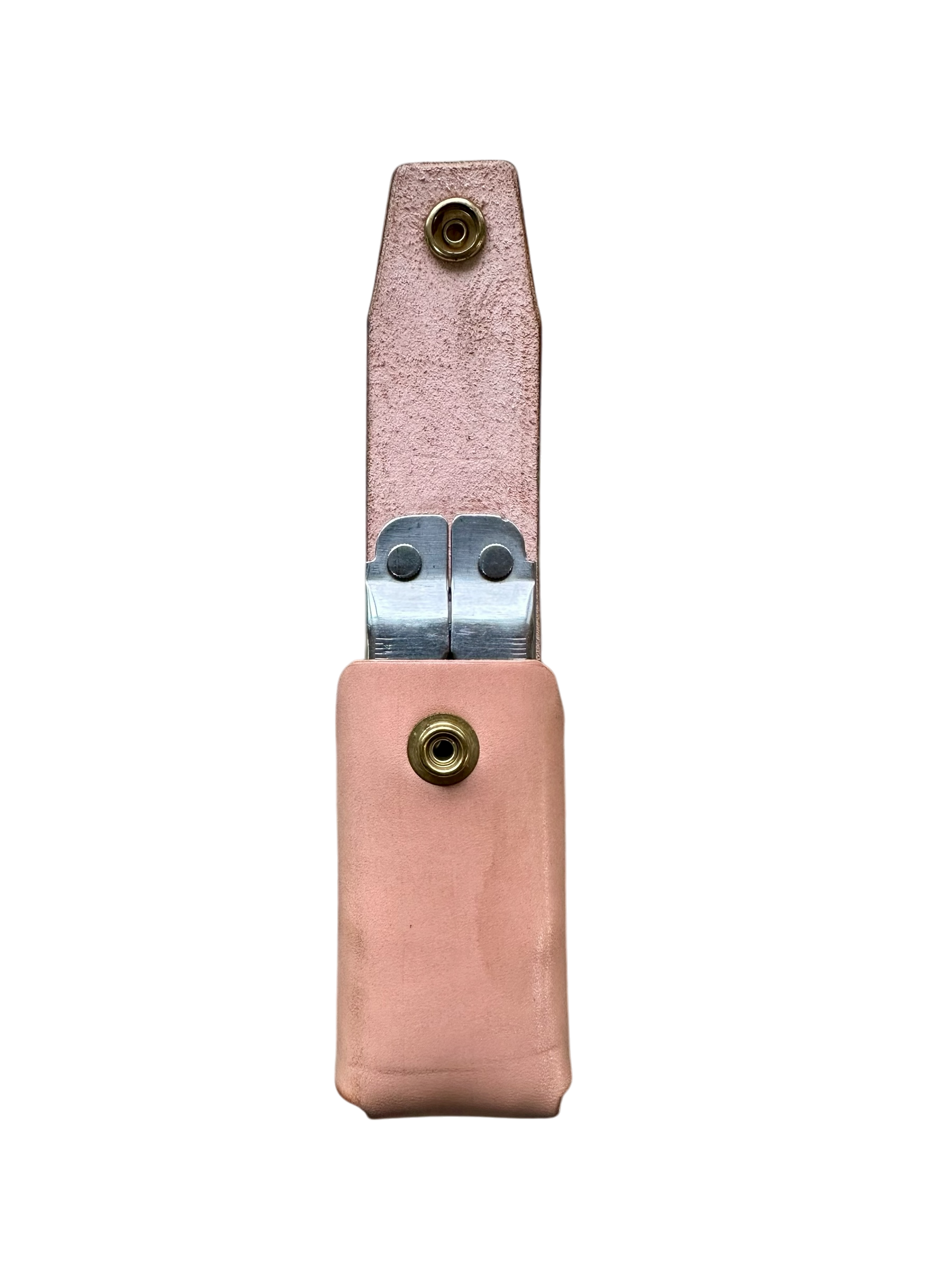 Pink leather case with a knife on a white background