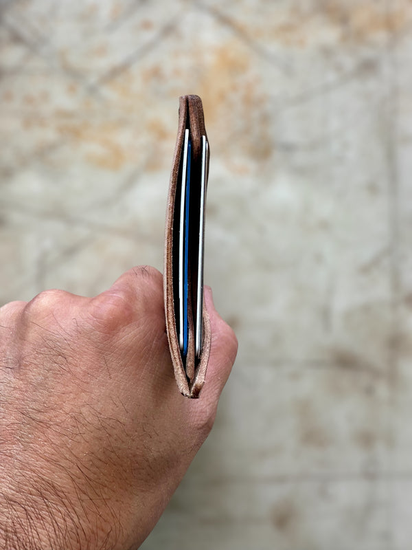 Hand holding a leather wallet with a blurred background