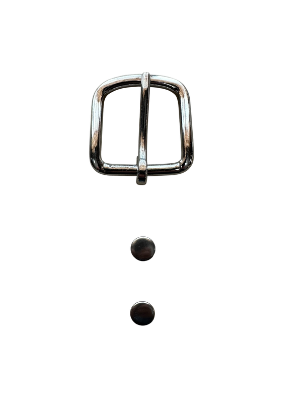 Nickel-Plated Steel buckle with two matching rivets on a white background