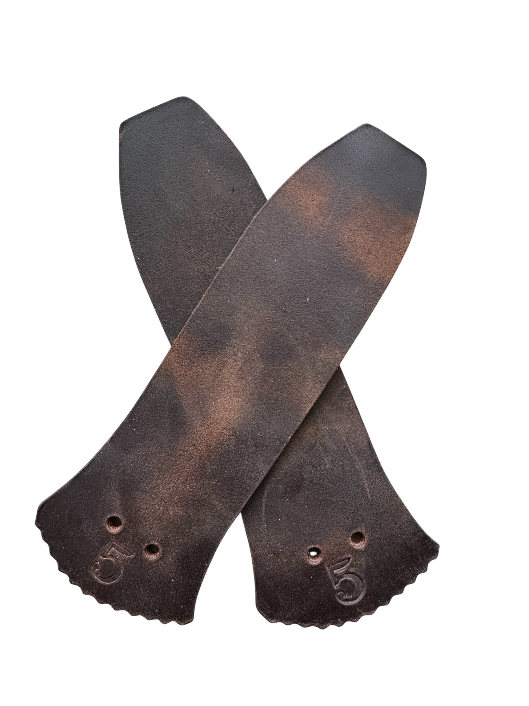 Pair of Dirty Dark Brown Colored Blue Collar Boot Kilities no background 
