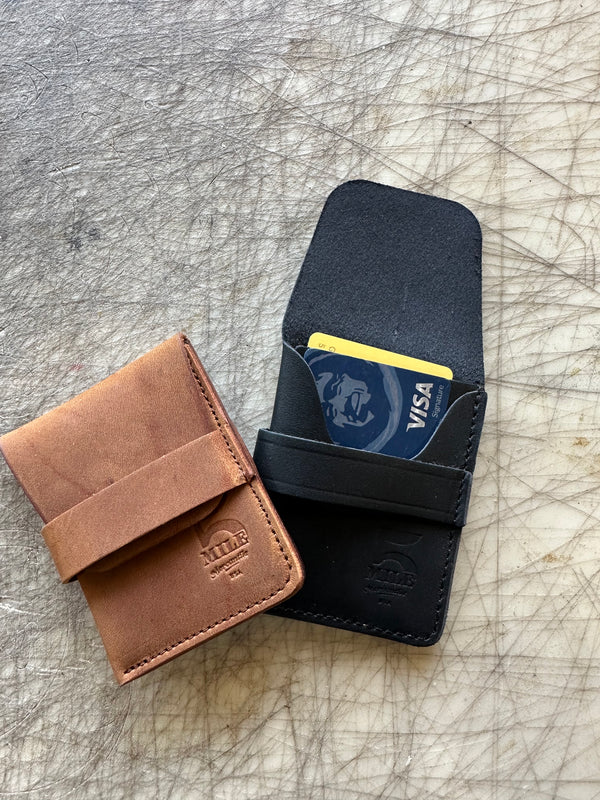 Pocket wallet with flap Brown and Black on cutting table