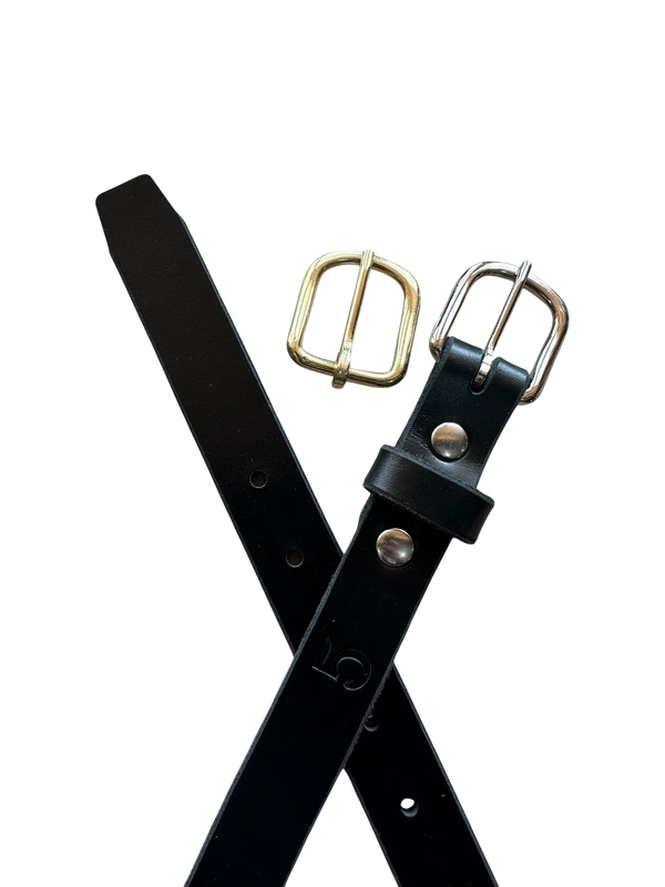 Black leather belt with gold and silver buckles on a white background