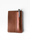 Brown leather wallet with a keychain on a white background