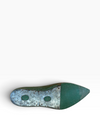 The outsole of a green pointed-toe shoe, showing a textured metallic silver-gray section with two circular green footprints and a solid dark green toe cap, photographed on a clean white background.