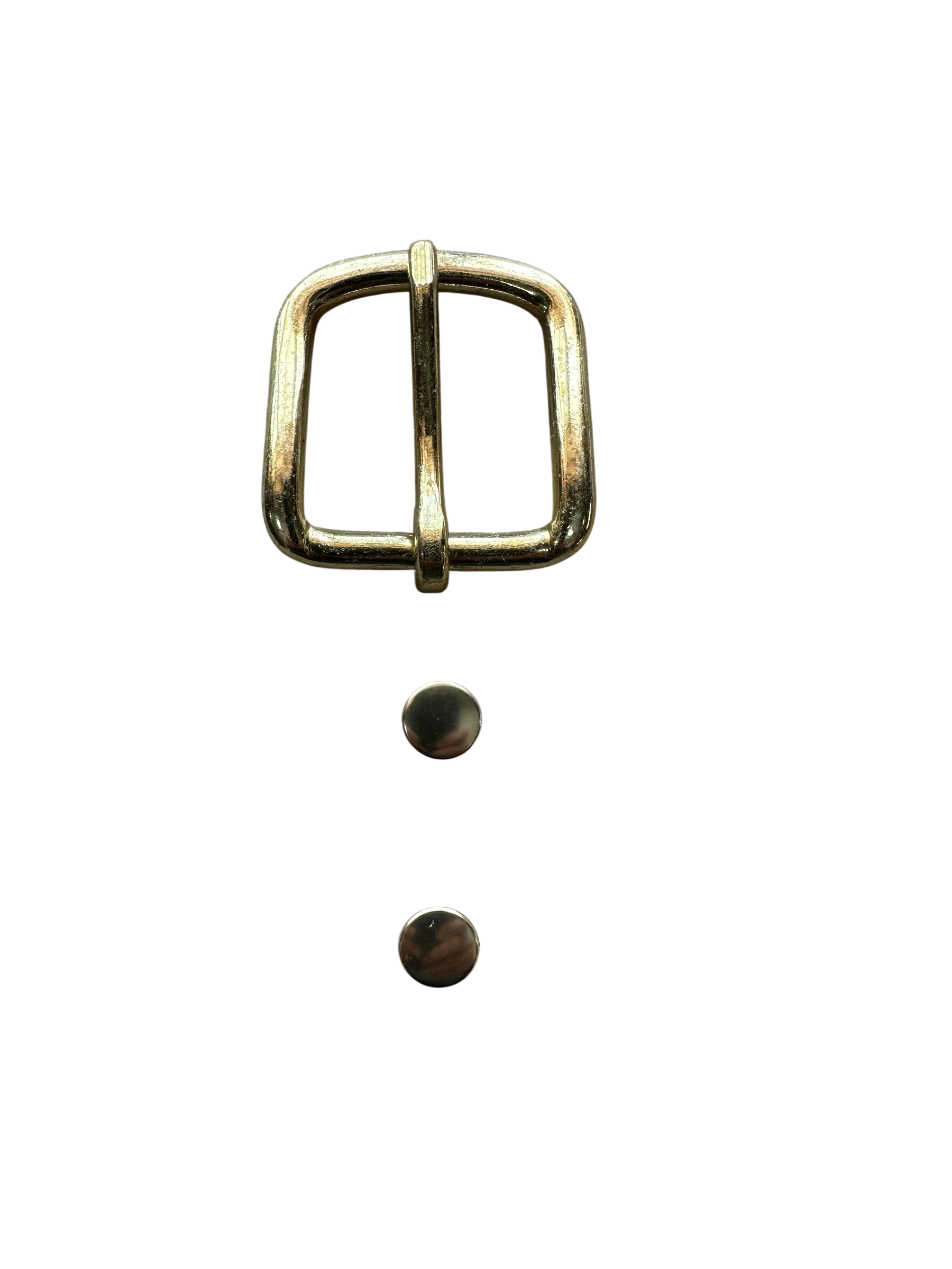 Solid Brass belt buckle and two matching rivets on a white background