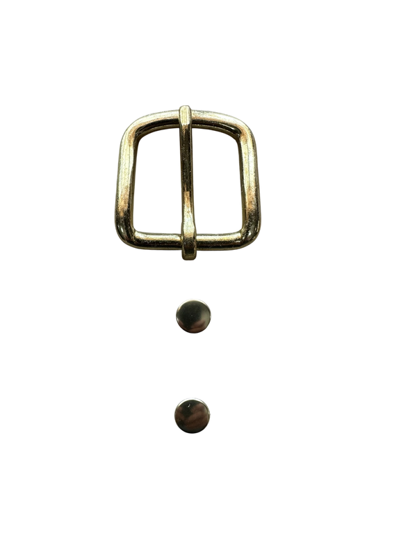 Solid Brass belt buckle and two matching rivets on a white background
