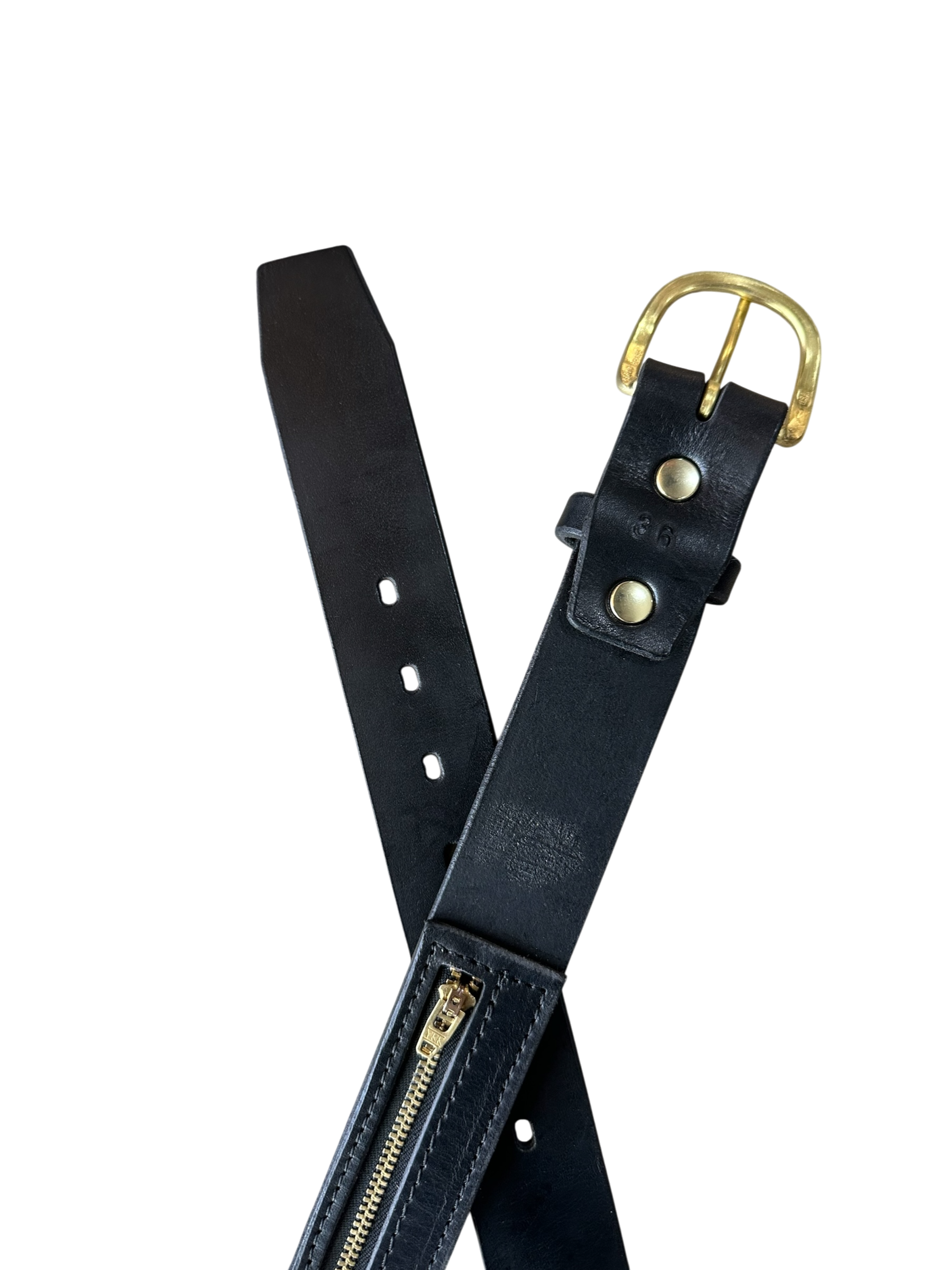Black leather belt with gold hardware on a white background