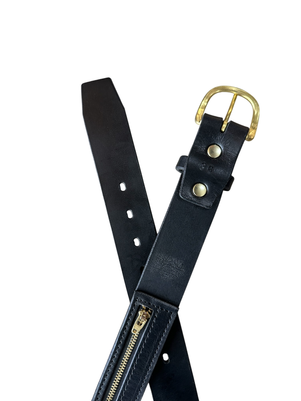Black leather belt with gold hardware on a white background
