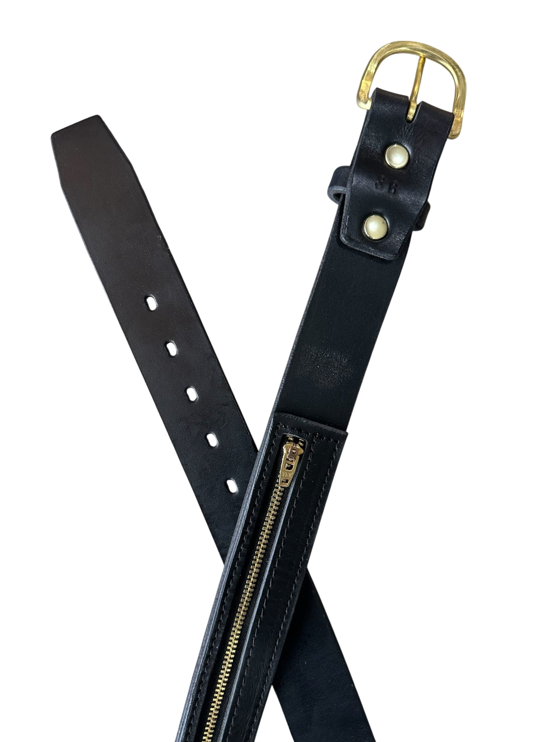 Black leather belt with brass zipper on a white background