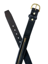 Black leather belt with brass zipper on a white background