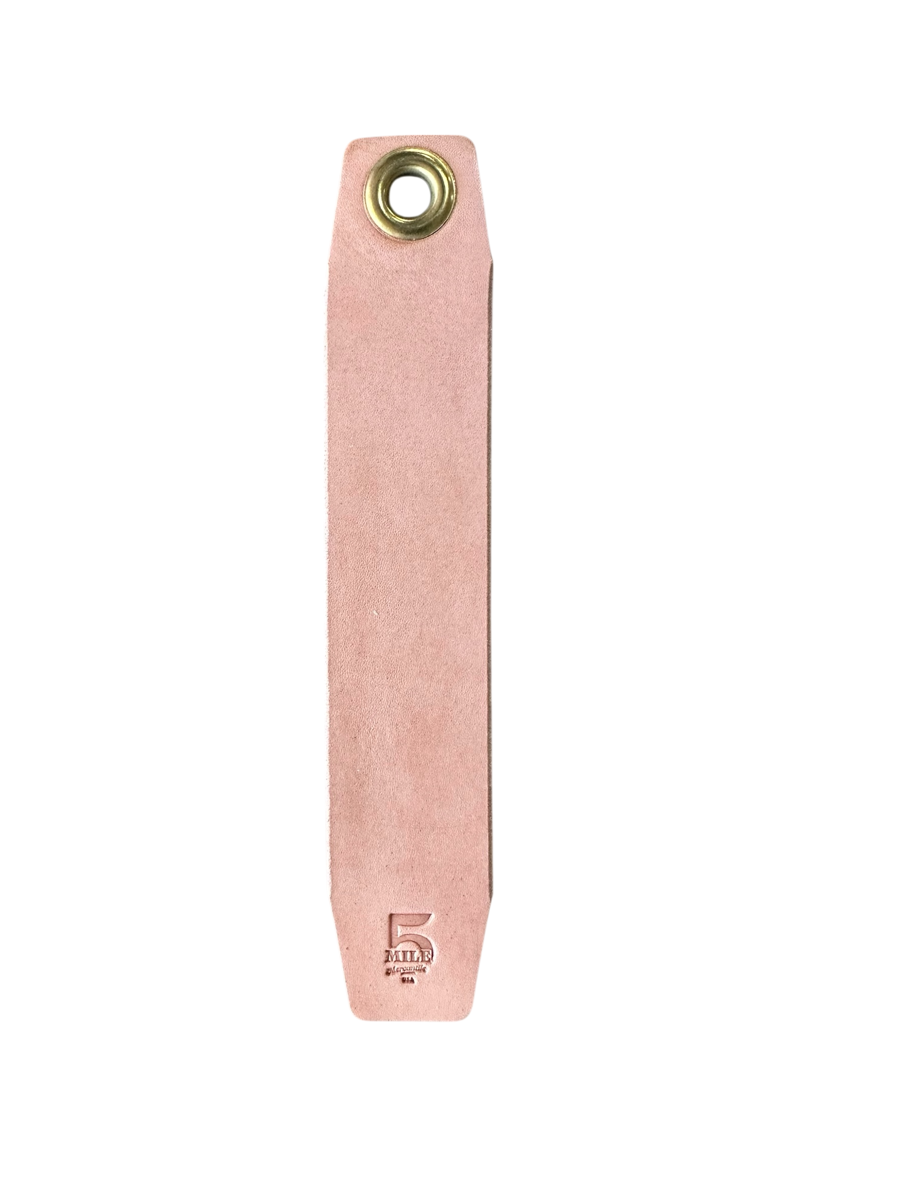 Pink leather strap with a gold ring on a white background
