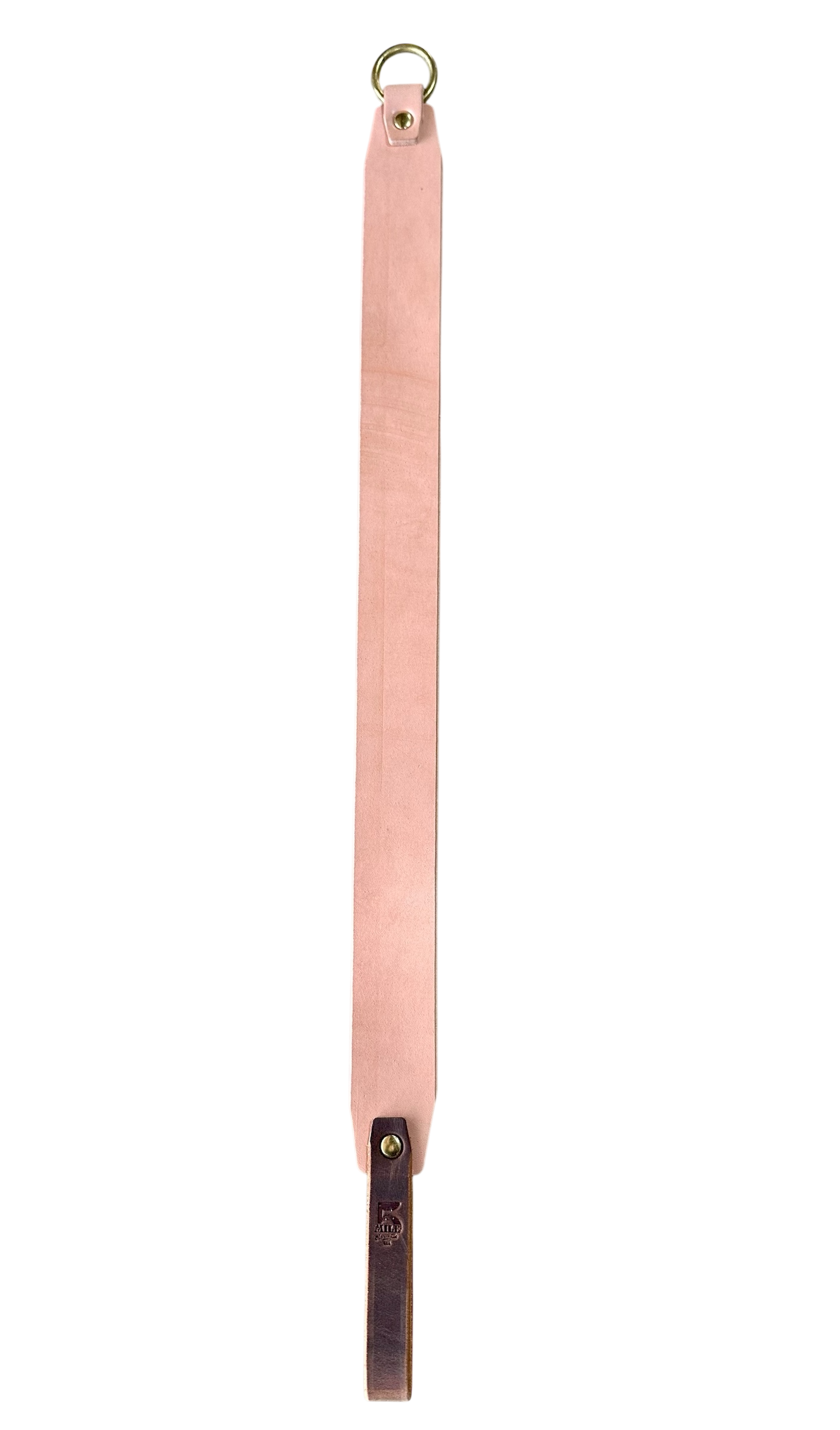 Pink leather strap with a gold ring on a white background