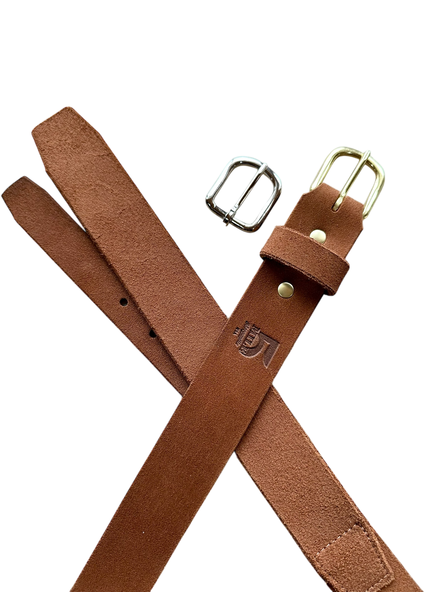 Brown leather belt with two buckles on a white background