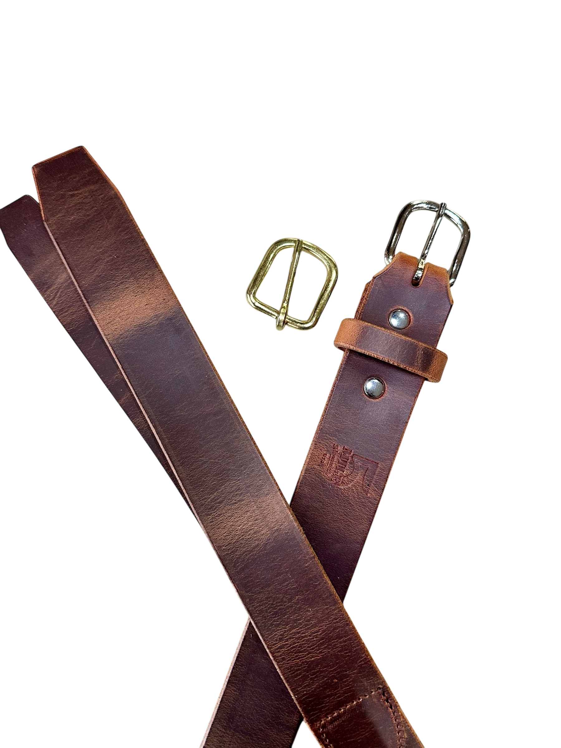 Brown leather belt with gold and silver buckles on a white background