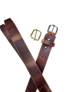Brown leather belt with gold and silver buckles on a white background
