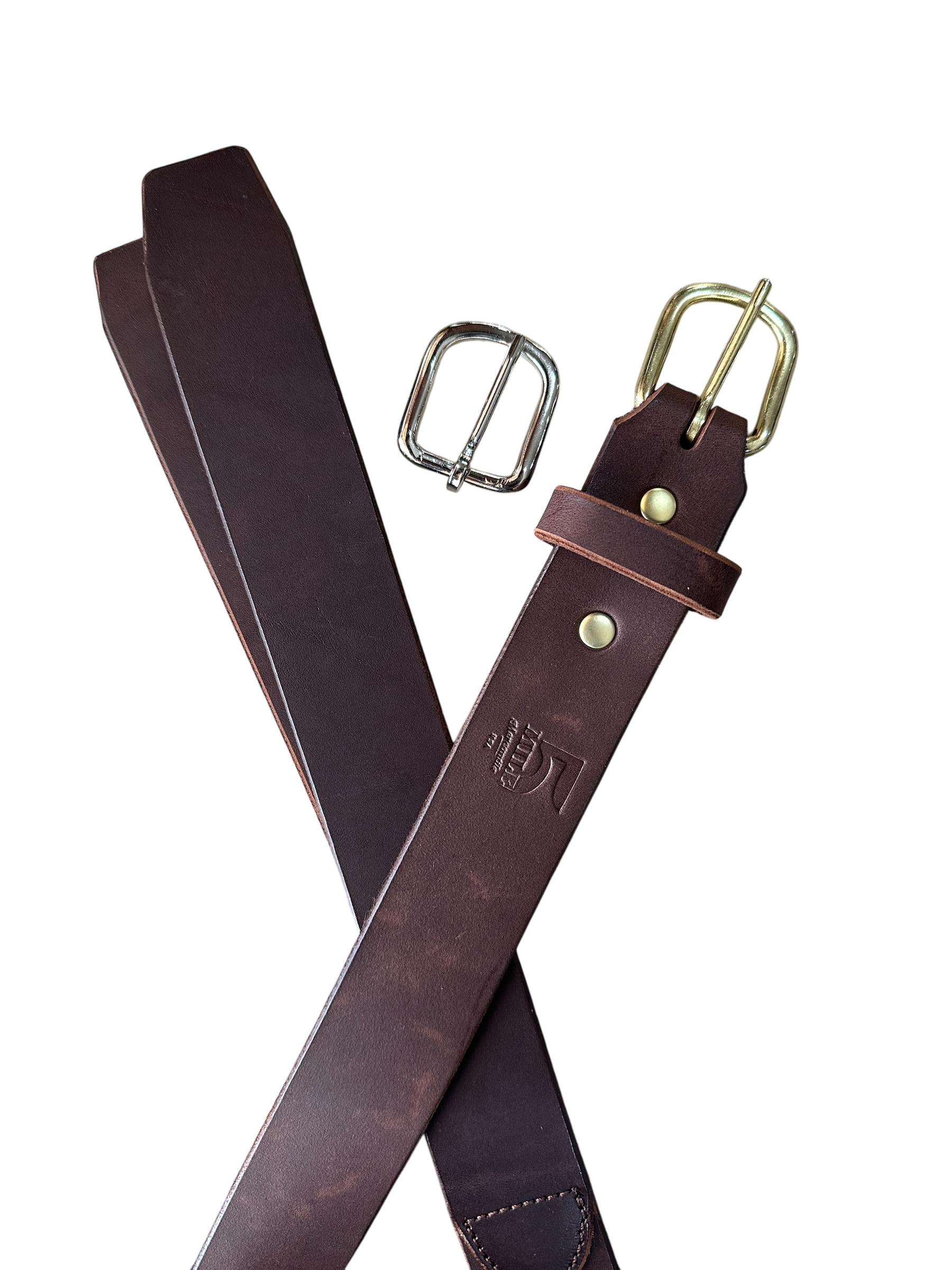 Brown leather belt with two buckles on a white background