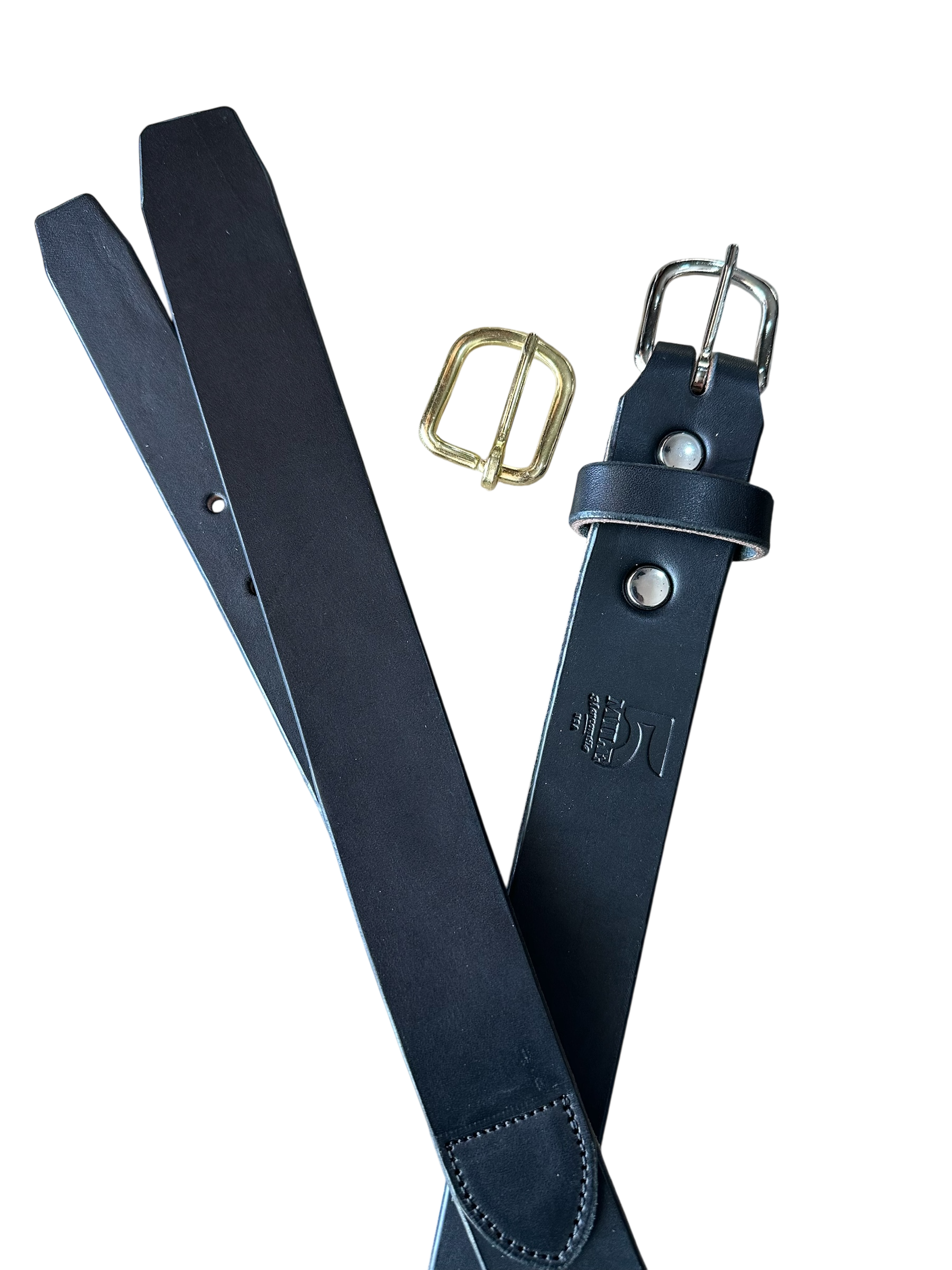 Black leather belt with gold and silver buckles on a white background