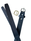 Black leather belt with gold and silver buckles on a white background