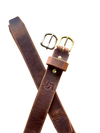 Brown leather belt with brass buckle on a white background