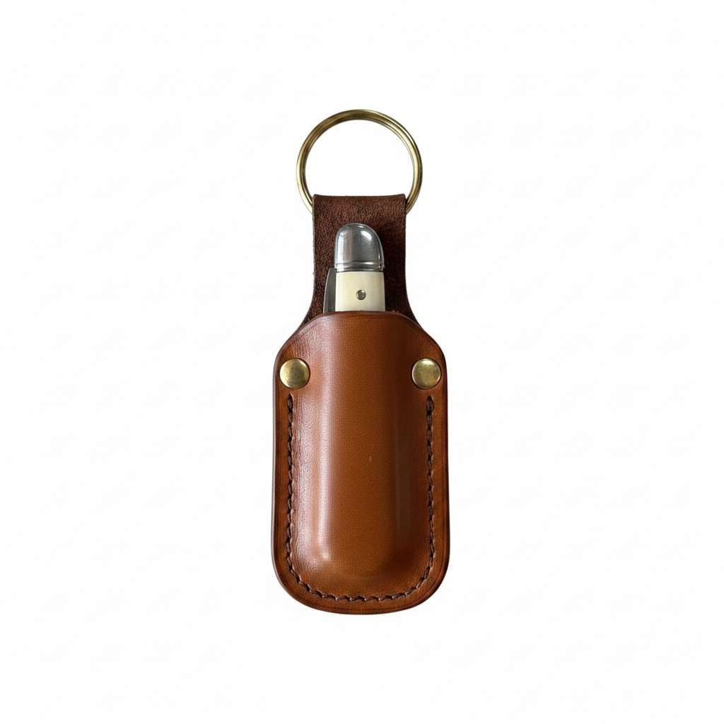 A brown leather keychain pouch with brass hardware, holding a silver and cream pocket knife, shown against a plain white background.
